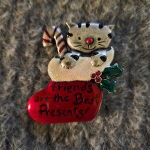Cat in Christmas stocking, pewter, vintage brooch
